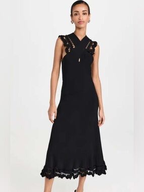 Ulla Johnson Black Midi Dress with Lace Trim